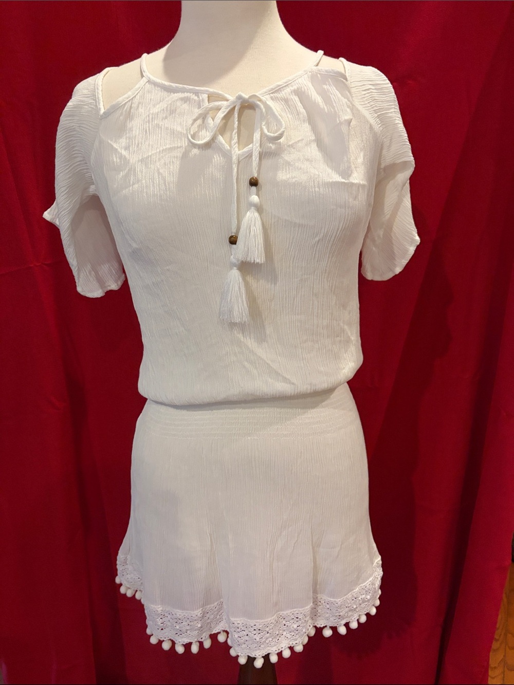 White Tassel Pom-Pom Two-Piece Dress Set